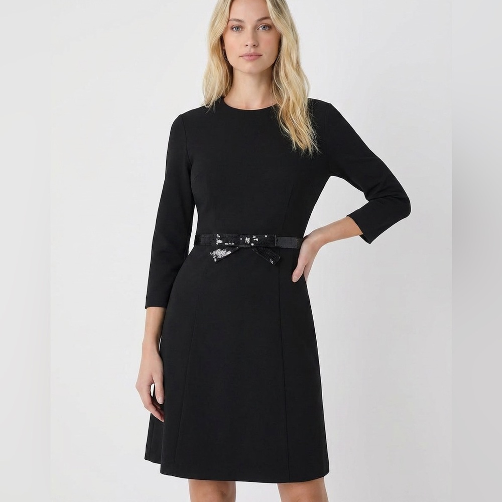 Kate Spade New York Black Fit & Flare Dress • Sequin Bow Belt • Size S